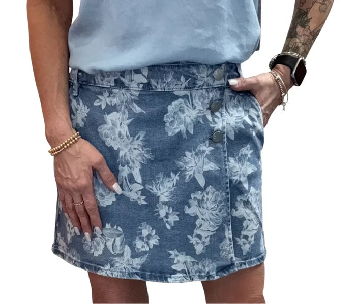 3 Button Floral Denim Skort