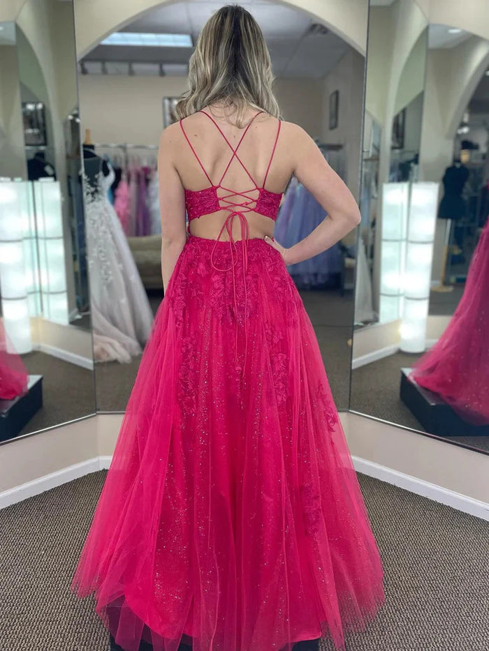 A Line Fuchsia Pink Lace Backless Long Prom Dresses, Fuchsia Pink Lace Long Formal Evening Dresses