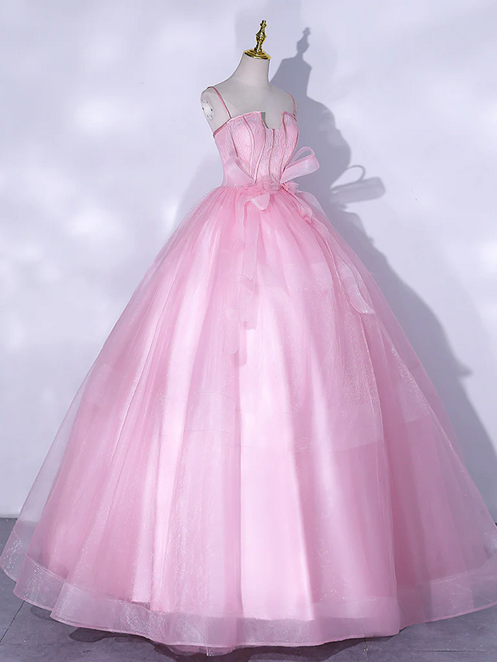 A Line Pink Tulle Lace Prom Dresses, Lace Tulle Pink Formal Evening Dresses