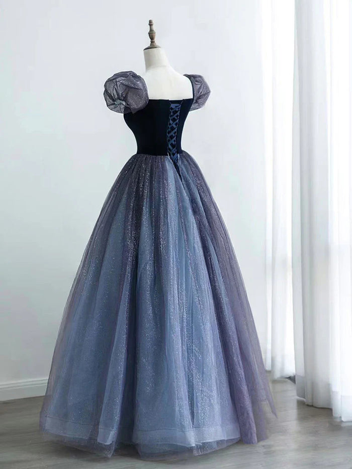 A Line Purple Velvet Tulle Long Prom Dresses, Long Purple Tulle Formal Evening Dresses