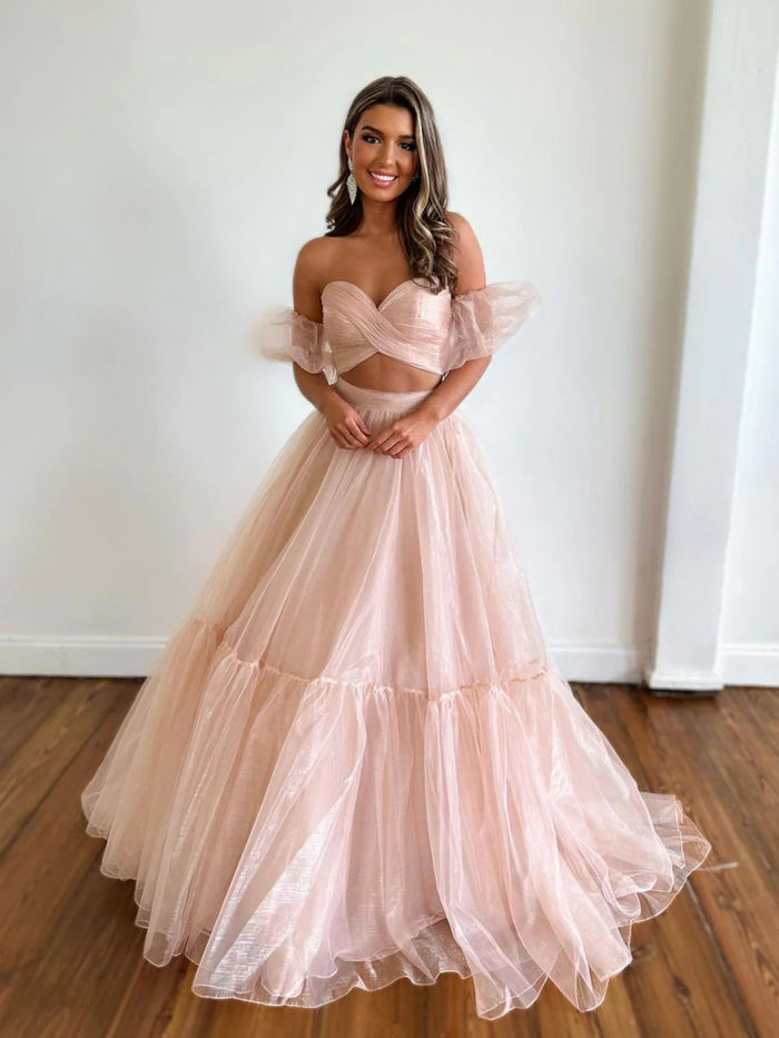 A Line Sweetheart Neck Two Pieces Pink Tulle Long Prom Dresses, 2 Pieces Pink Formal Evening Dresses