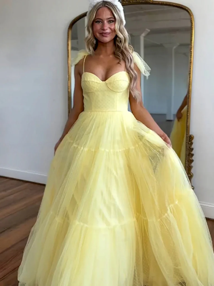 A Line Sweetheart Neck Yellow Tulle Long Prom Dresses, Yellow Tulle Long Formal Evening Dresses