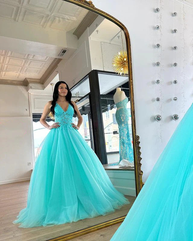 A Line V Neck Arctic Blue Lace Tulle Long Prom Dresses, Blue Tulle Lace Formal Evening Dresses