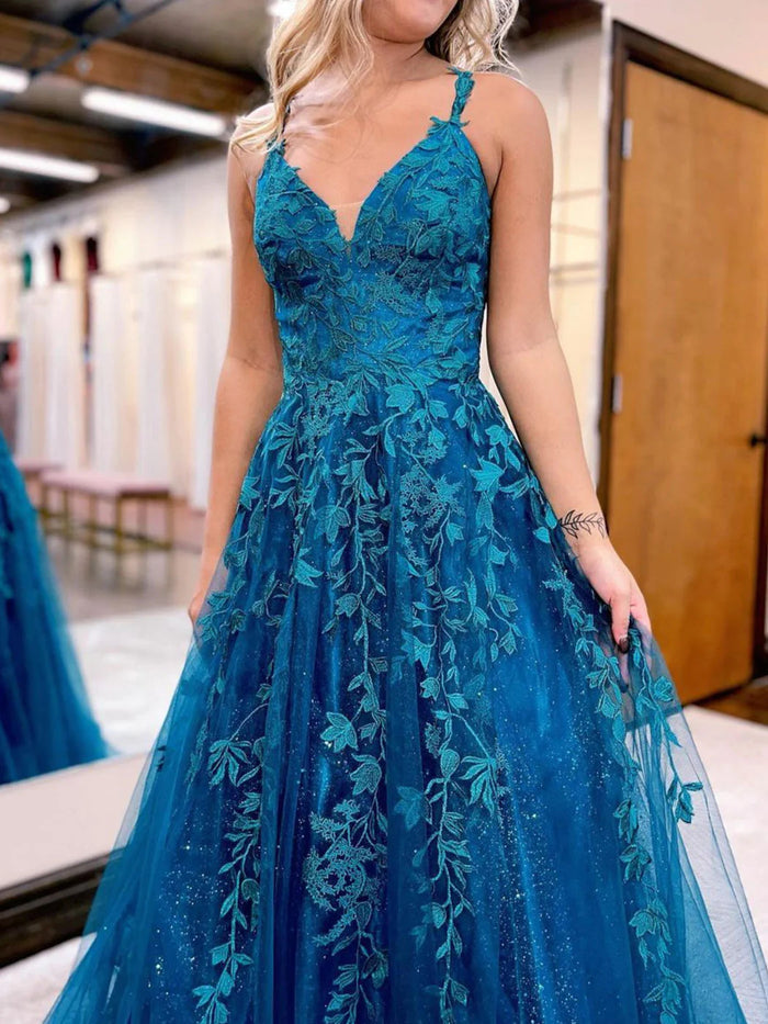 A Line V Neck Blue Lace Long Prom Dresses, Blue Tulle Lace Formal Evening Dresses