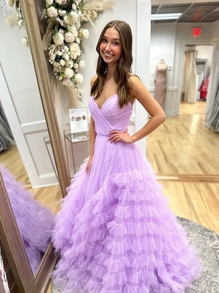 A Line V Neck Ruffle Lilac Tulle Long Prom Dresses, V Neck Ruffle Lilac Tulle Formal Evening Dresses