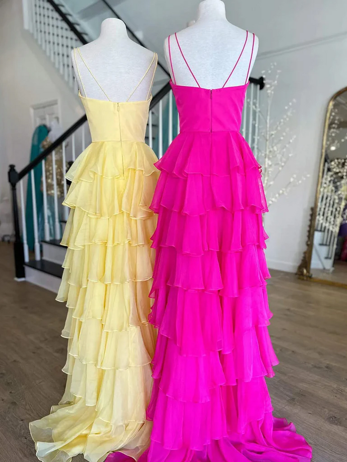 A Line V Neck Spaghetti Straps Pink Yellow Layered Prom Dresses, Layered Long Formal Evening Dresses
