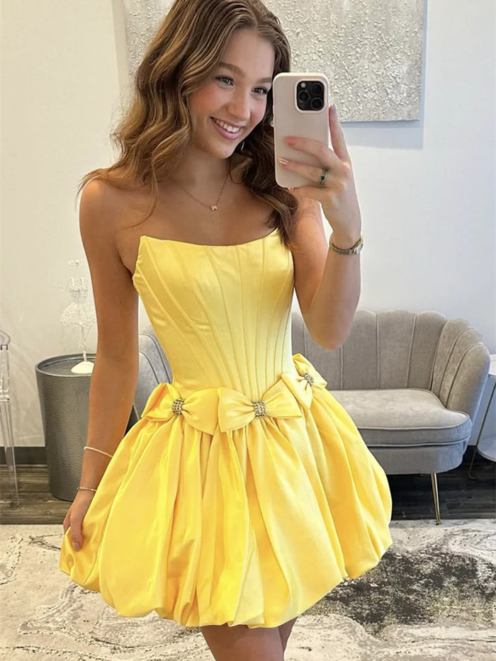 A Line Yellow Strapless Satin Short Prom Dresses, Lovely A Line Formal Evening Dresses