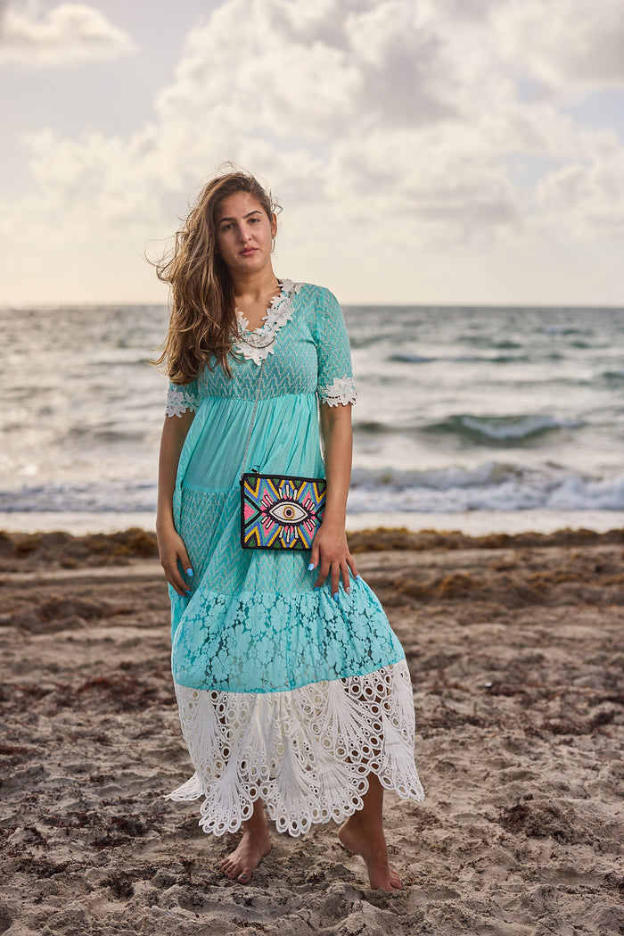 AW-125 Aqua cotton/Lace Dress New Arrival