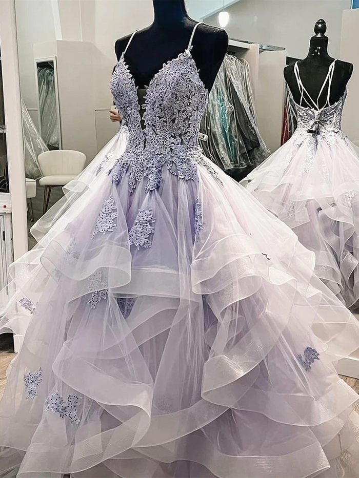 Blue Lace V Neck Puffy Long Prom Dresses, Blue Lace Long Puffy Formal Evening Dresses