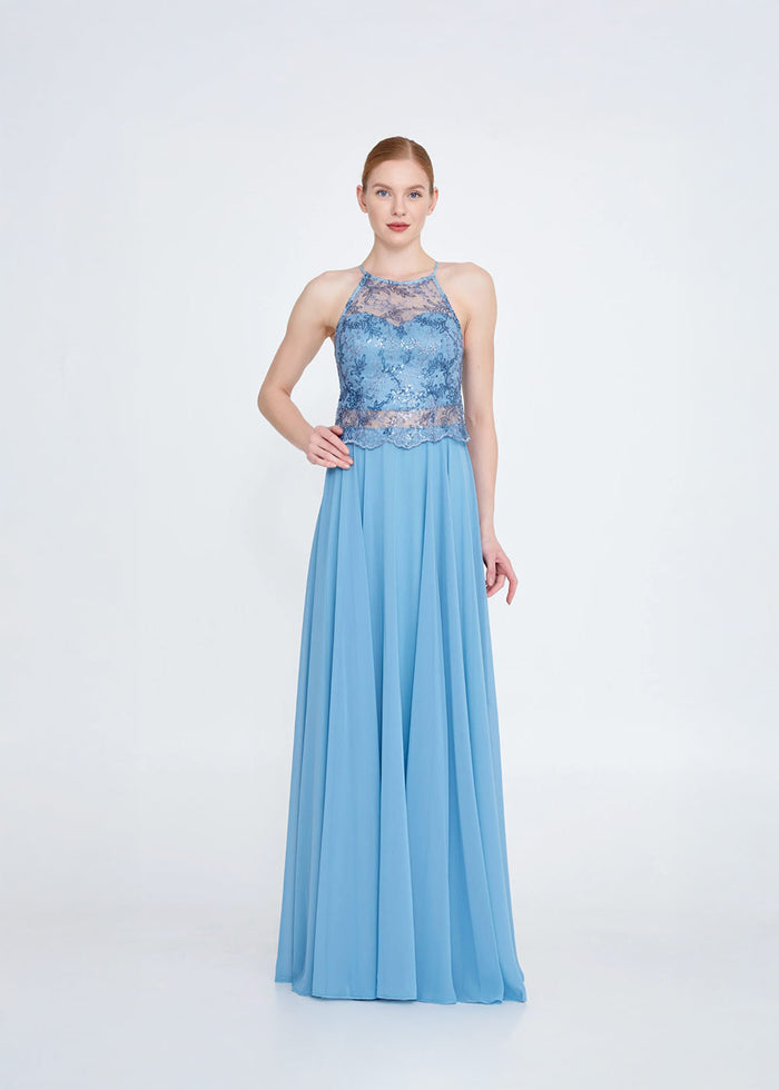 Classic Lace Bodice Flowy Evening Dress