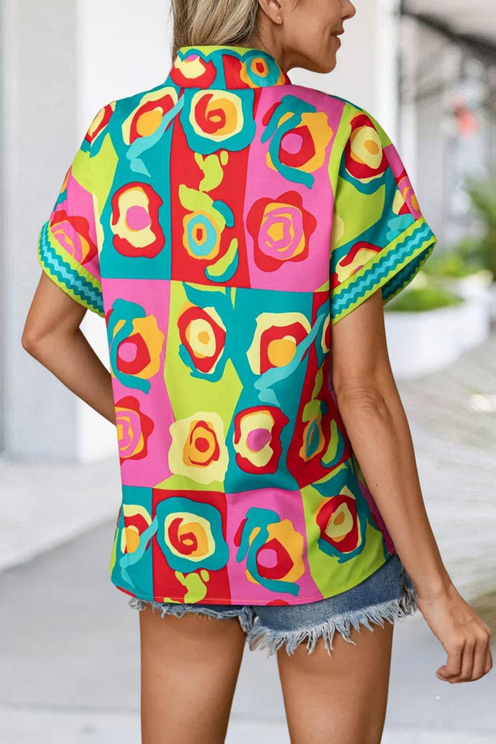 Colorblock Abstract Print Special Neck Blouse