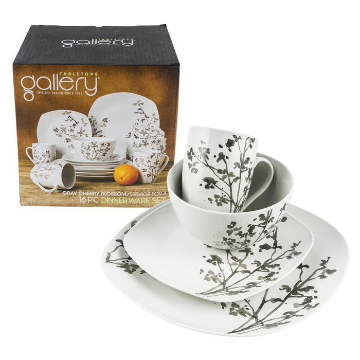 Dinnerware 16 Piece Tabletops Gallery Gray Cherry Blossom Flower Casual Design