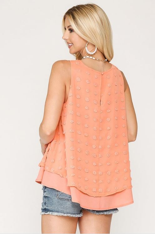 Dot Fabric Sleeveless Flowy Top with Back Keyhole