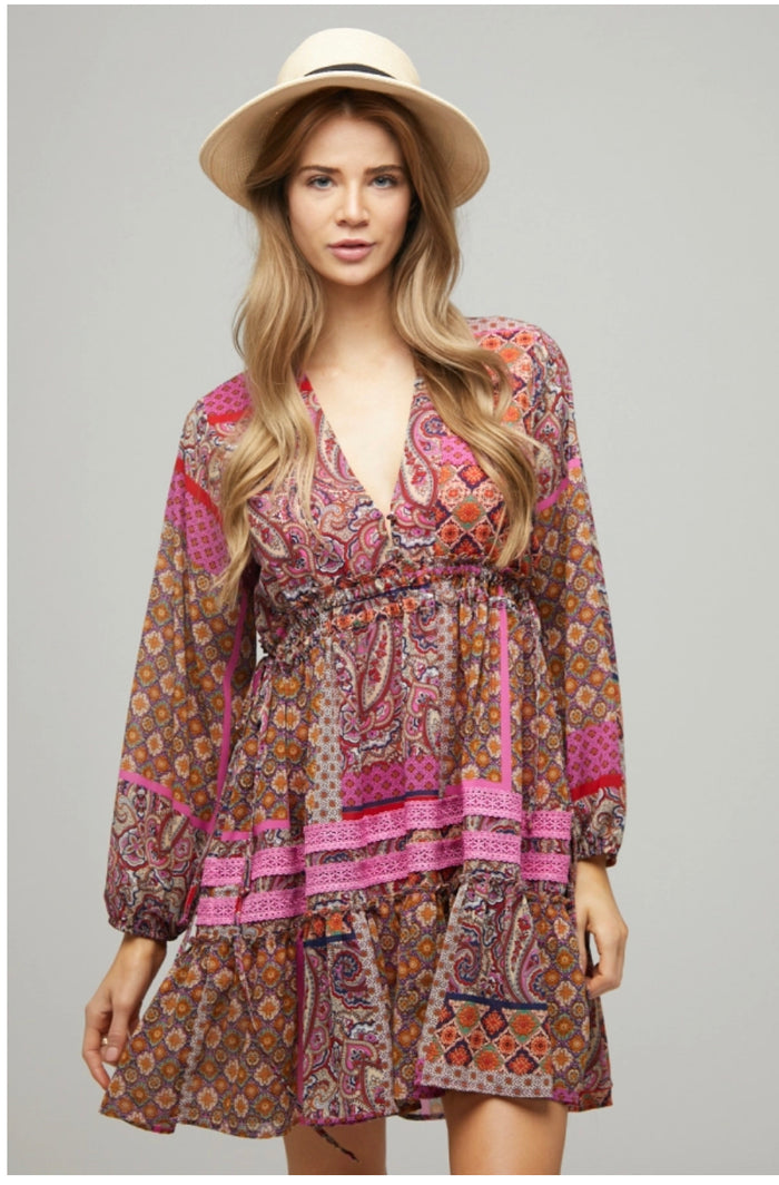 Fanta Pink Printed V Neck Mini Dress