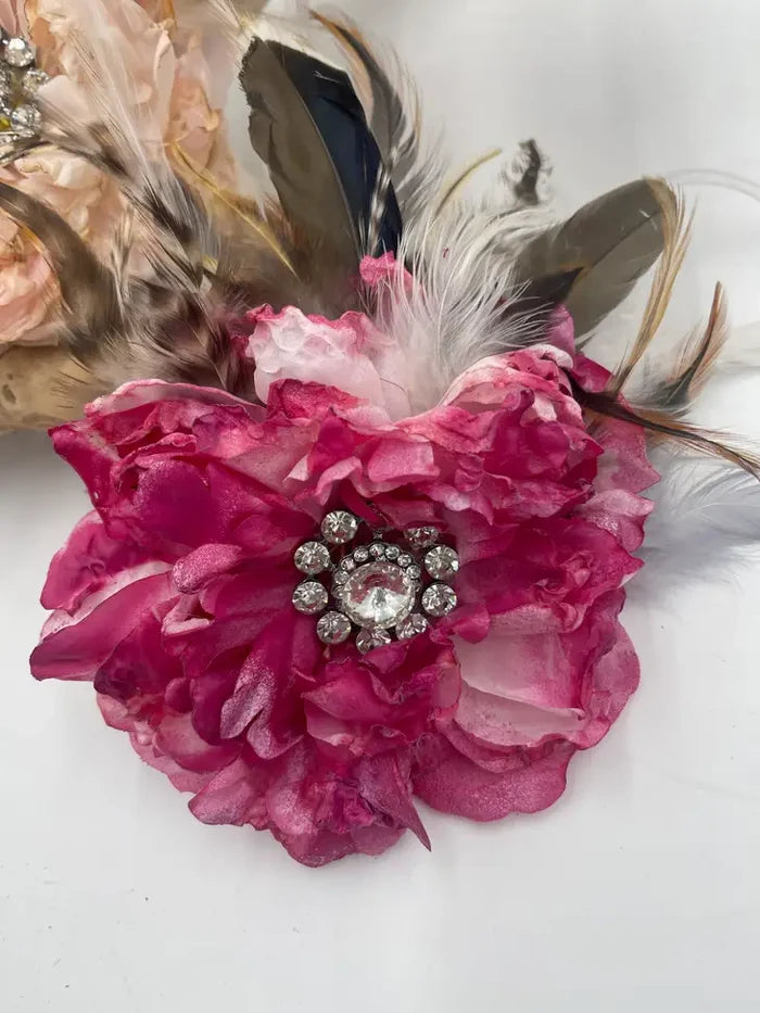 FEATHER FLOWER PIN w/RHINESTONE - 3 COLORS