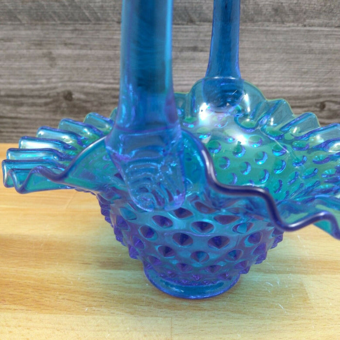 Fenton Hobnail Blue Glass Basket with Handle and Ruffled Edge