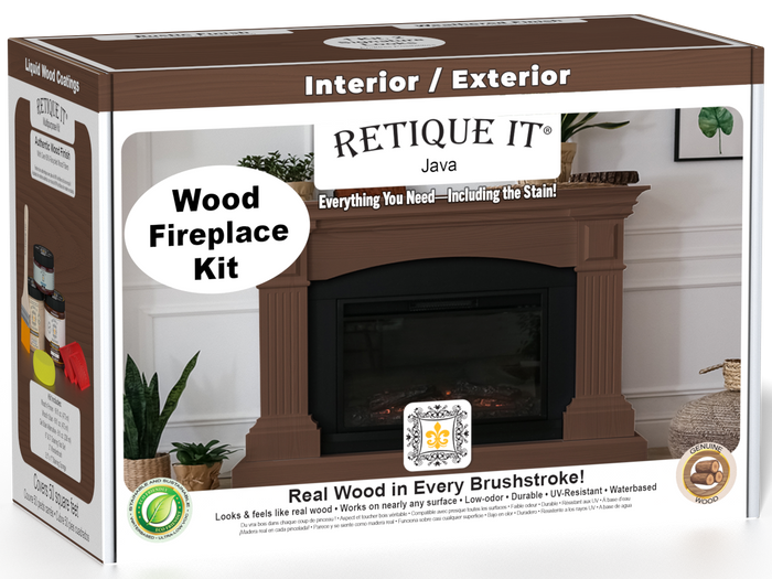 Retique It Fireplace Wood'n Finish Kit in Java stain for full fireplace, showing the box and product packaging.