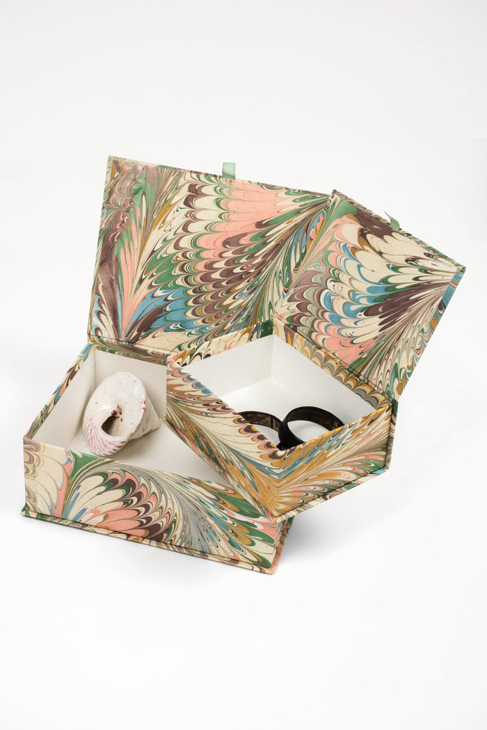 Flatiron Feathers Marbled Keepsake Storage Boxes — open keepsake box holding separate accessories; Inner Child