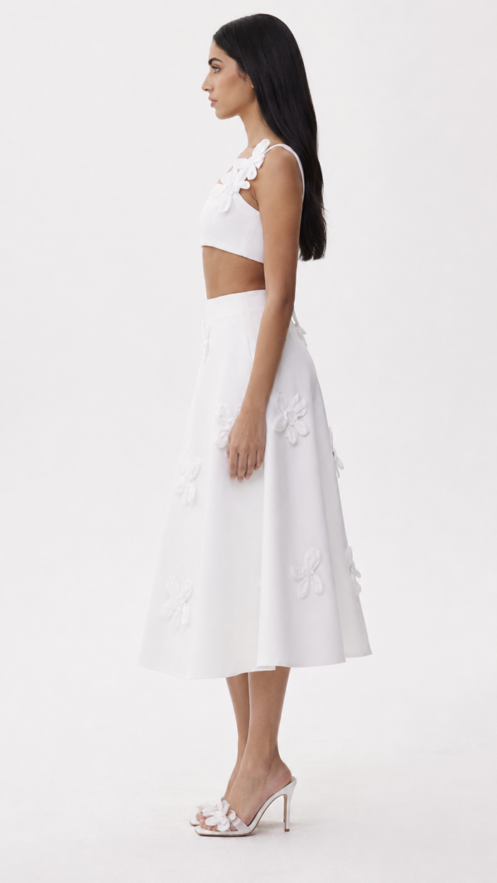 Floral Appliqué Crop Top & A-Line Midi Skirt Set - Iris