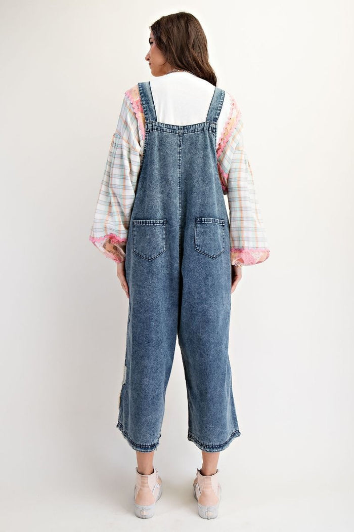 FLOWER PATCH WASHED DENIM OVERALLS