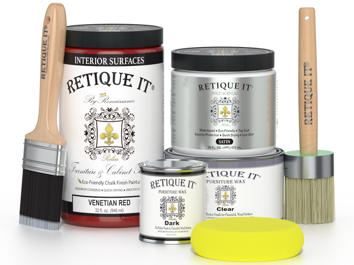 Retique It furniture and cabinet paint in quart size, Venetian Red color, showing a painted wooden cabinet surface.