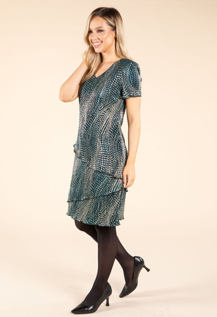 Gold Foil Detail Asymmetrical Tiered Plisse Dress