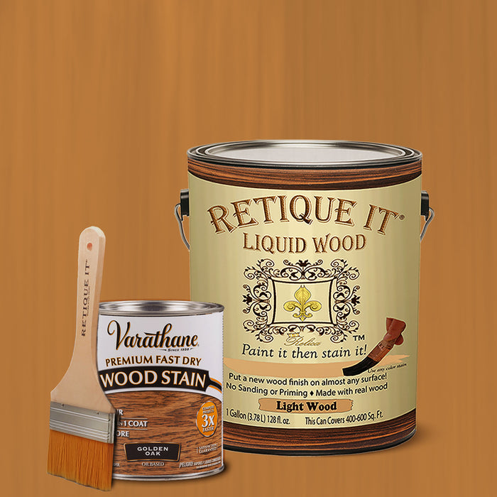 Retique It Liquid Wood Kit with Golden Oak oil-based stain, showing a brush applying the wood stain on a surface.