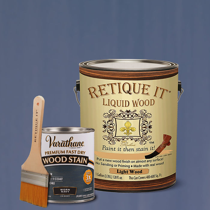 Retique It Liquid Wood Kit with Worn Navy oil-based stain, showing a brushed wood surface with navy stain finish.