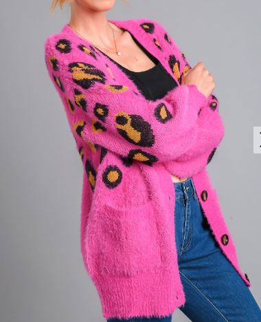Magenta Animal Sweater Cardigan with Pockets and Button