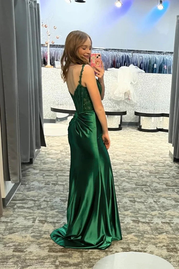 Mermaid Green Lace Top Long Prom Dresses with Side Slit, Lace Green Mermaid Long Formal Evening Dresses