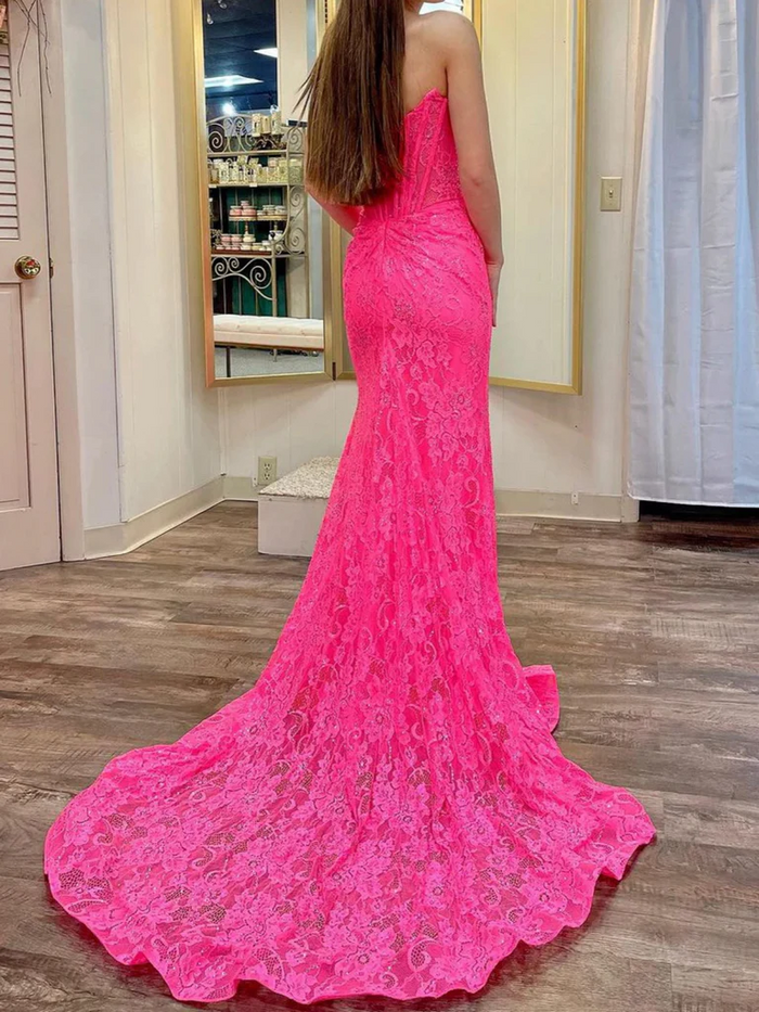 Mermaid Hot Pink Lace Long Prom Dresses, Hot Pink Mermaid Lace Formal Evening Graduation Dresses
