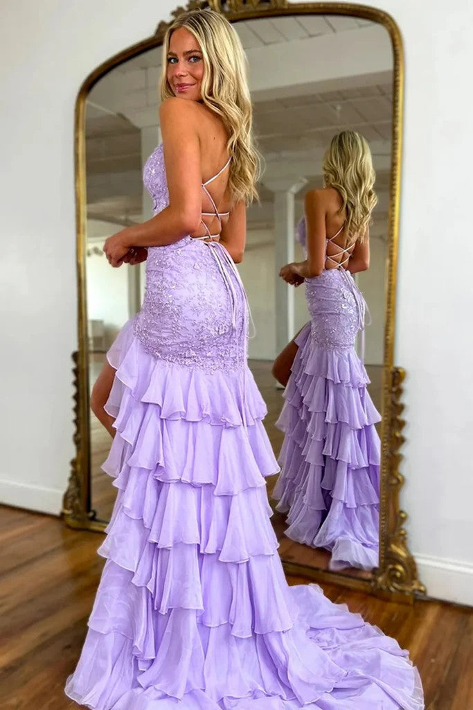 Mermaid V Neck Backless Lilac Lace Long Prom Dresses With High Slit, Mermaid Lilac Formal Evening Dresses