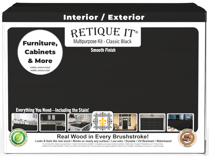 Retique It Wood'n Finish Kit in classic black, multi-purpose smooth finish set with four large containers, front view of the box.