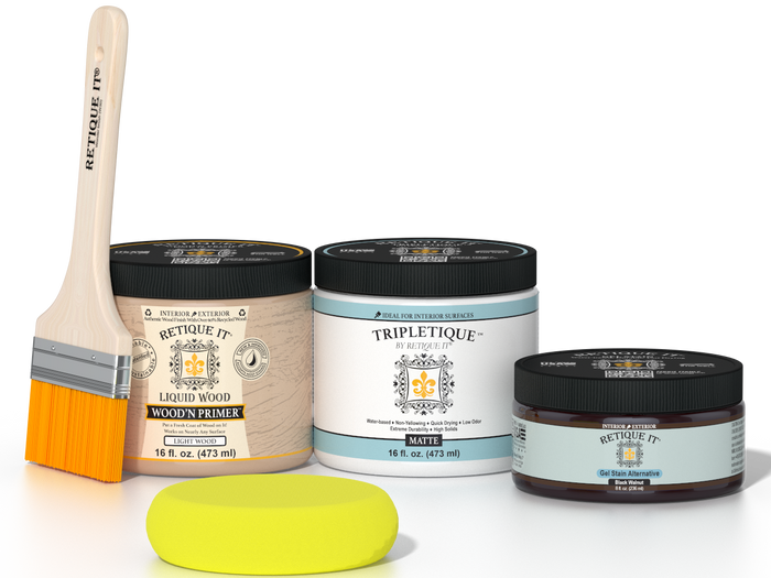 Retique It® Black Walnut Brush-On Kit with Matte TripleTique® includes a brush, Light Wood primer, Black Walnut Gel Stain Alternative, Matte TripleTique® top coat, and a yellow sponge.