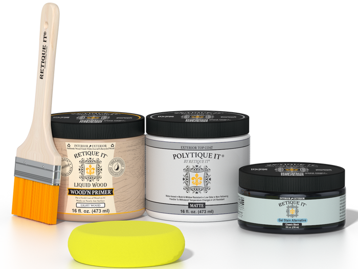 Retique It® Classic Black Brush-On Kit with Matte PolyTique® includes a brush, Light Wood primer, Classic Black Gel Stain Alternative, Matte PolyTique® top coat, and a yellow sponge.