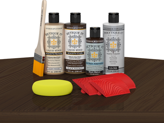 Black Walnut Wood'n Finish Kit by Retique It with exterior top coat, displayed on a table with wood finish tools and supplies.