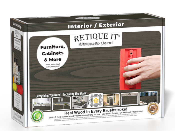 Retique It Wood'n Finish Kit in Charcoal for exterior wood projects, includes top coat and application tools.