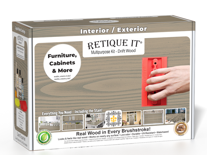 Retique It Wood'n Finish Kit with driftwood exterior top coat, showing the kit's tools and wood finish application.