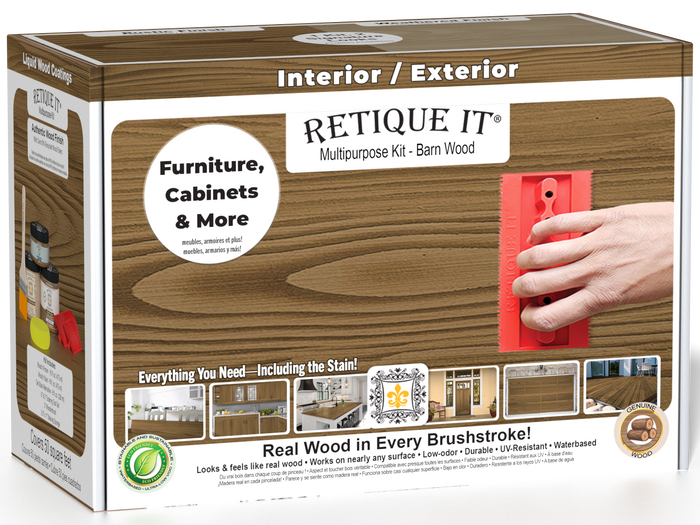 Retique It Wood'n Finish Kit in Barn Wood for multi-purpose wood finishing, includes brushes and applicators in a compact box.