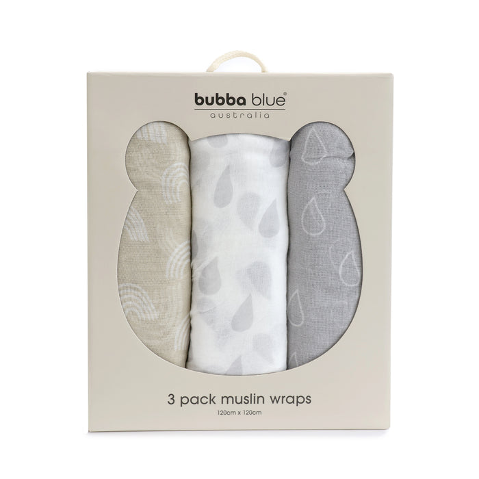 Nordic 3pk Muslin Wraps Grey/Sand - Bubba Blue Australia