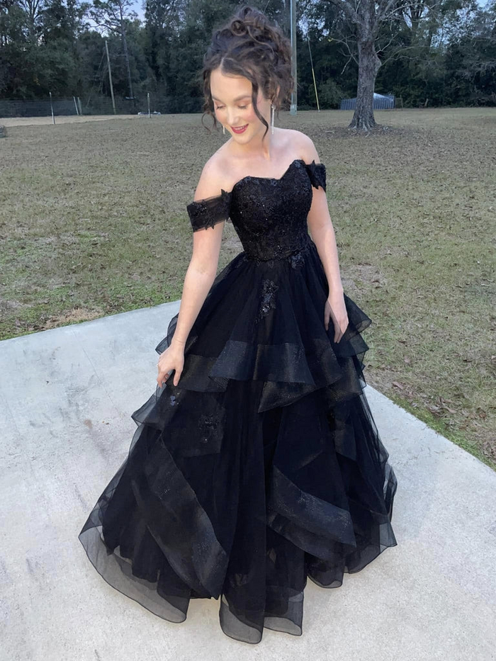 Off the Shoulder Black Lace Long Prom Dresses, Fluffy Black Lace Formal Evening Dresses