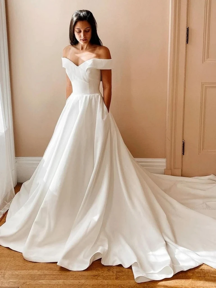 Off the Shoulder White Satin Long Prom Dresses with Train, White Off Shoulder Formal Evening Dresses