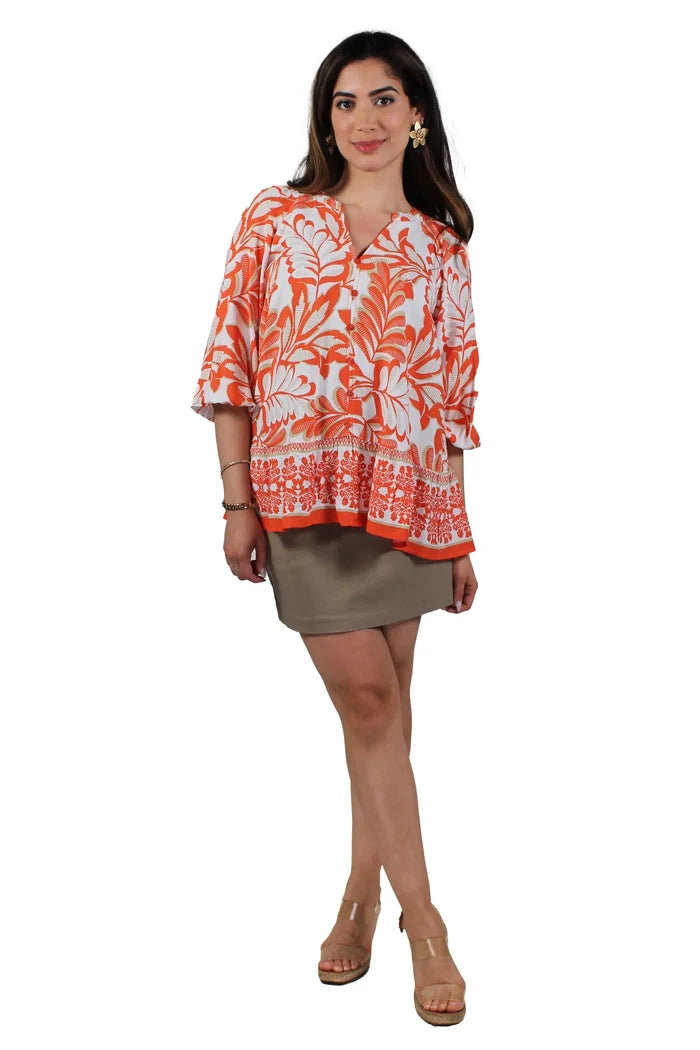 Orange V-Neck Button Front Blouse Baby Doll