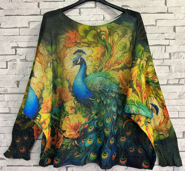 Peacock Blue Yellow Printed Knit Sweater