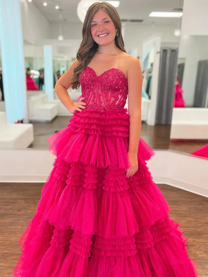 Pink Blue Lace Prom Dresses, Layered Long Lace Formal Evening Dresses