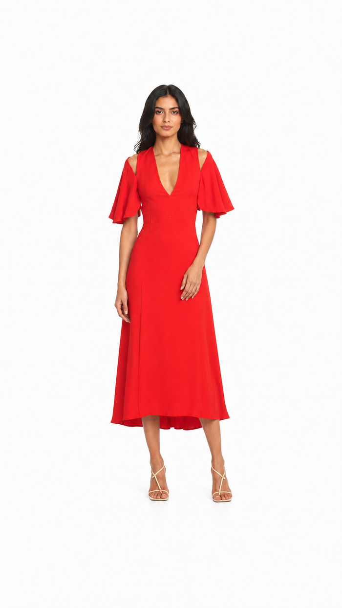 Red Cold-Shoulder Flutter Sleeve Midi Dress – ROSÉVA