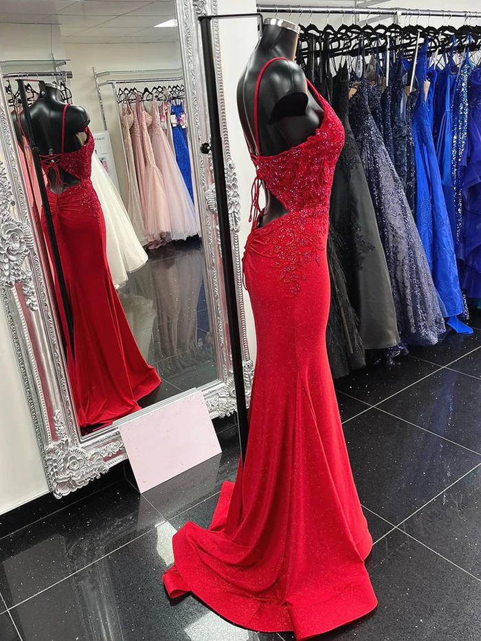 Red Mermaid Lace Prom Dresses, V Neck Red Mermaid Lace Formal Evening Dresses