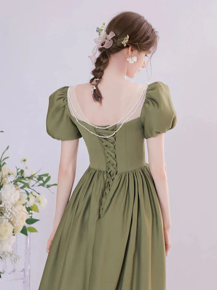 Round Neck Green Tea Length Prom Dresses, Round Neck Green Tea Length Formal Evening Dresses
