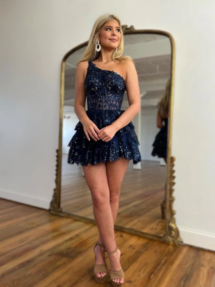 Sequins One Shoulder Navy Blue Lace Short Prom Dresses ,Navy Blue Lace Homecoming Formal Evening Dresses