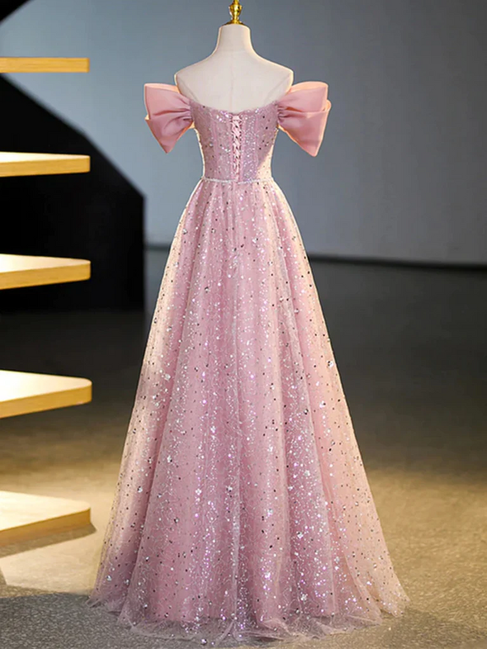 Sequins Pink Off the Shoulder Long Prom Dresses,Off Shoulder Pink Formal Graduation Evening Dresses
